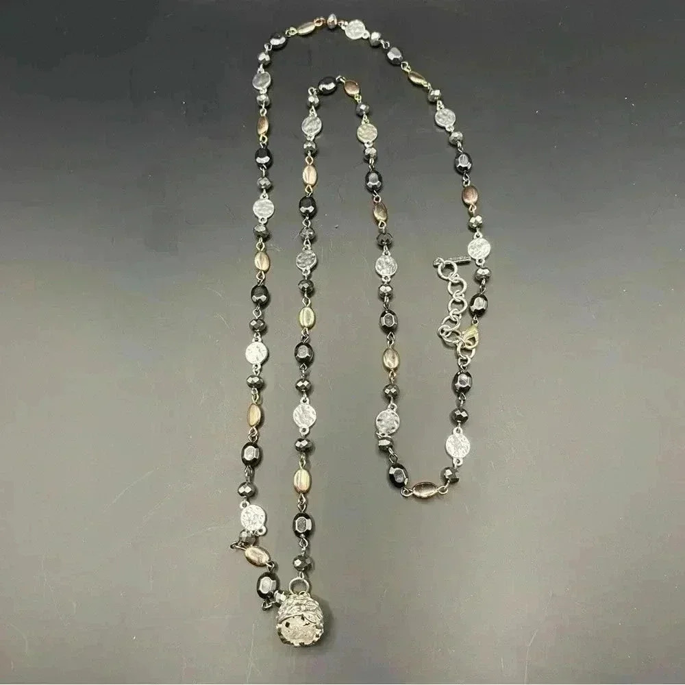 VGT Gold & Silver Black & Crystal Tones Beaded Necklace Silver-tone Bell Pendant - Picture 11 of 11